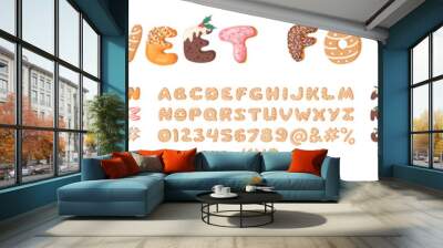 Three cartoon vector illustrations donuts, Christmas Dudding and Gingerbread Cookies. Hand drawn font with sweets. Actual Creative art bake alphabet Wall mural