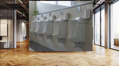 Row of white ceramic urinal chamber pot interior design men public toilet or restroom Wall mural