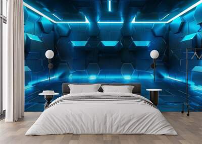 Futuristic Blue Neon Glowing Room Interior With Hexagon Pattern Walls And Tile Floor Wall mural