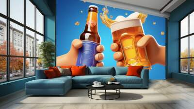 3d cartoon Image of a hand lifting a beer bottle and hitting it Drink to celebrate the festival Wall mural