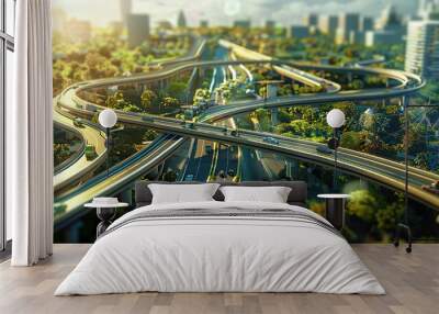 traffic in the city view of highway aerial view road landscape city traffic green highway grass nature trees park car miniature people train travel street cars toy field model 16:9 Wall mural