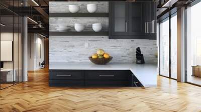 A contemporary kitchen with a blend of dark and light cabinetry, showcasing a stylish backsplash and open shelving for decor Wall mural