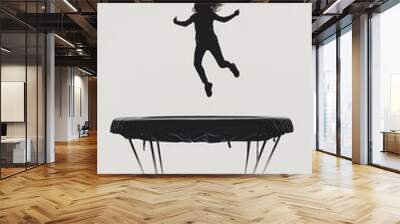 A playful scene of a trampoline with a child mid-jump, capturing the joy and motion on a light solid color background Wall mural