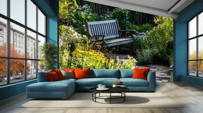 A serene backyard garden scene featuring a diverse array of plants and flowers, with a wooden bench inviting relaxation amidst the greenery Wall mural