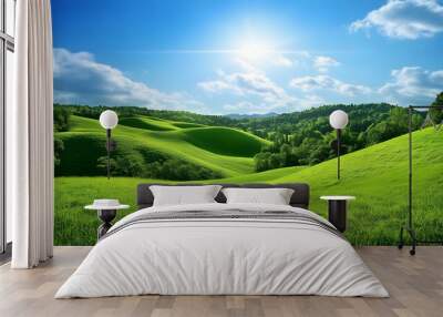 A serene landscape of lush green rolling hills under a clear blue sky, inviting tranquility and peace Wall mural