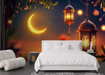 A serene Ramadan evening scene with a crescent moon and lanterns hanging in the background, perfect for conveying the spirit of the holy month Wall mural