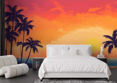 A tropical beach scene with palm trees silhouetted against a vibrant orange and pink sky, inviting tranquility Wall mural