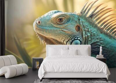 Realistic close-up of a green iguana basking in sunlight, showcasing its textured scales and vibrant colors against a soft pastel background Wall mural