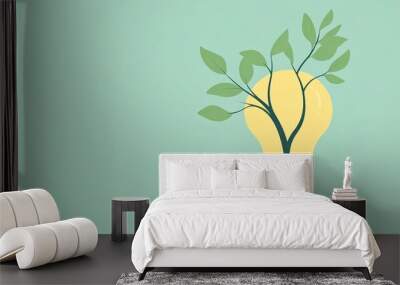 Tree sprouting from a light bulb, symbolizing ideas and development, flat design illustration Wall mural