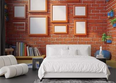 Modern living room interior with blank frames, blue carpet and brick wall Wall mural