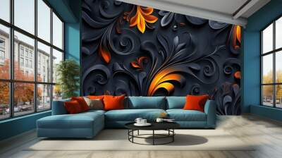 Abstract Floral Pattern with Black and Orange Tones Wall mural