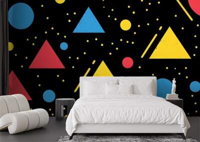 Abstract geometric pattern with yellow, blue, and red shapes on black background Wall mural