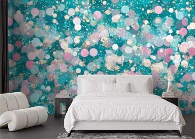 Abstract Teal Glitter Background with Pink and White Circles Wall mural