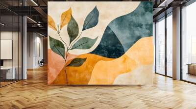 Abstract Watercolor Background with Leaves and Shapes Wall mural