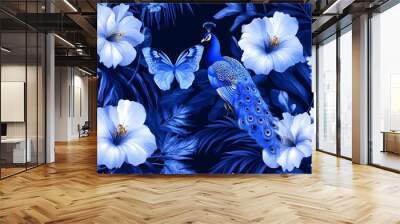 Blue Peacock and Flowers Wall mural