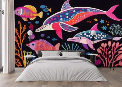 Colorful Dolphins and Fish in Coral Reef Wall mural