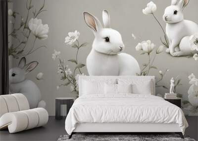 Cute White Rabbits with White Flowers Wall mural