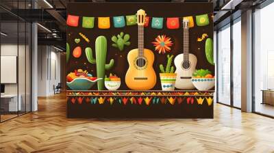 Mexican Fiesta Illustration with Guitars and Cactus Wall mural