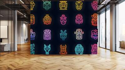 Neon Aztec God Masks Pattern Wall mural