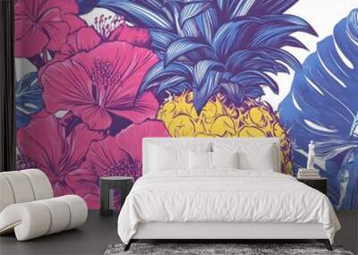 Pineapple with pink hibiscus flowers and blue leaves Wall mural