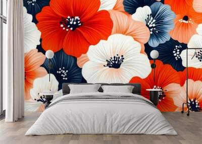 Red, White, and Blue Floral Pattern Wall mural