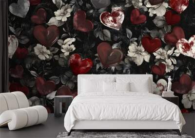 Red Hearts and Flowers on Black Background Wall mural