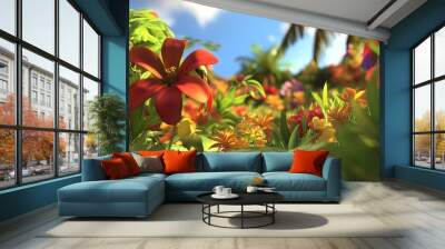 Tropical Flowers in a Lush Garden Wall mural