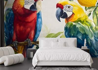 Two Macaws on a Branch with Lemon Wall mural