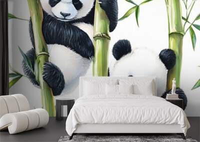 Two Pandas Climbing Bamboo Wall mural