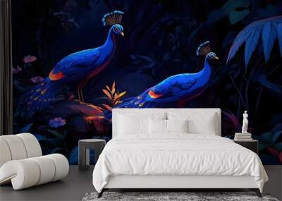 Two Peacocks in a Tropical Jungle at Night Wall mural