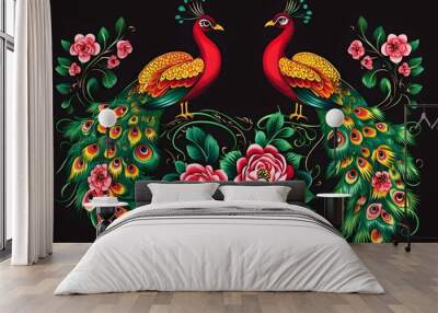 Two Peacocks with Flowers Wall mural