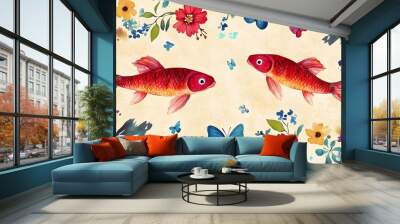 Two Red Fish with Floral Background Wall mural