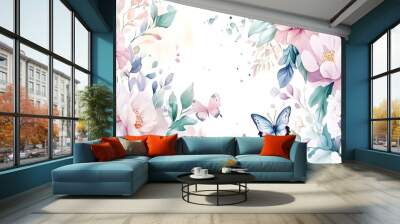 Watercolor Floral Border with Butterflies Wall mural