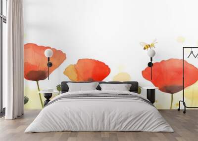 Watercolor Poppies with Bee Wall mural