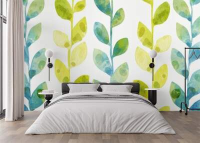 Watercolor Seamless Pattern with Green and Blue Leaves Wall mural