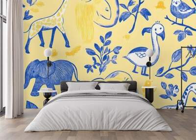 Yellow and Blue Animal Pattern Wall mural