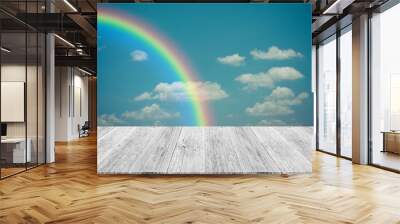 Blue sky cloud with Wood terrace and rainbow , process in vintag Wall mural