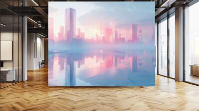 a minimalist architectural rendering of a futuristic city with soft pastel colors and clean lines Wall mural