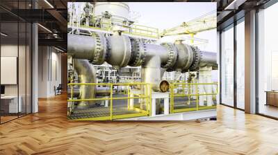 Industrial zone, Steel pipelines and valves on process oil and gas offshore platform. Wall mural