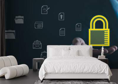 Cyber ​​security and privacy concept to protect data Lock icon, technology, security, internet network Businessman protects personal information Wall mural