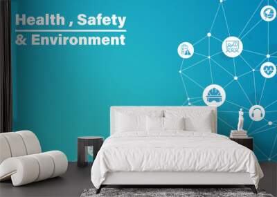 Health Safety and Environment Icon Set and Web Header Banner. icons related to industrial accident prevention, workplace safety training, industrial regulations, hazard warning, protective equipment. Wall mural