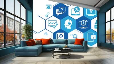 IT support vector illustration. Blue concept with icons related to IT helpdesk, hotline or helpline, remote or online tech support, technical assistance, specialist software support. Wall mural