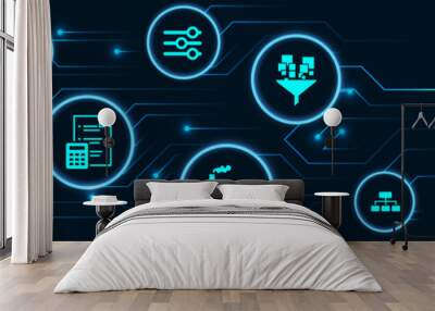 Operations management vector illustration. Blue concept related to organization, project planning and strategy, material flow, input and output Wall mural