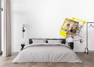 Dollars in yellow shopping cart on white background., Business and finance concept. Wall mural