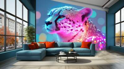 Cheetah in vibrant disco neon lights, dynamic and energetic atmosphere, playful fusion of wildlife and nightlife excitement Wall mural