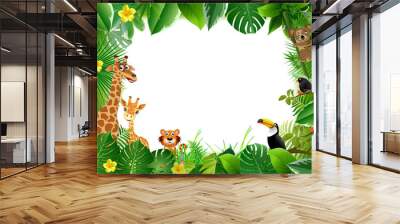 Bright tropical background with cartoon; jungle; animals; Wall mural