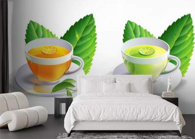 glass cup leaves green tea  isolated on white background. Wall mural