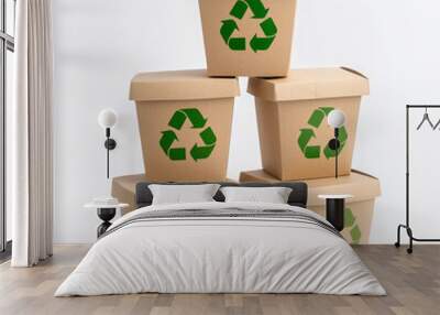 Stacked recycling boxes with green symbols on a white background. Wall mural