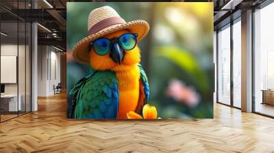 Tropical Parrot in Sunglasses & Straw Hat, A vibrant green, blue, and  yellow parrot wearing a straw hat and sunglasses perched on a flower. Wall mural