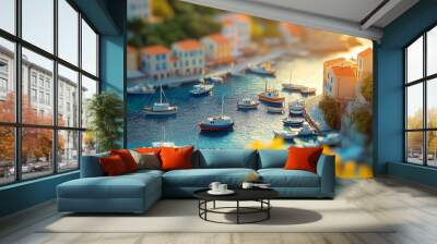 Coastal village with boats at sunset Wall mural